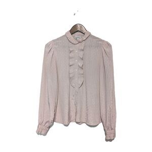 Vintage Silky Ruffle Puff Sleeve Blouse Long Sleeve Pink Jacquard Dot Campus M